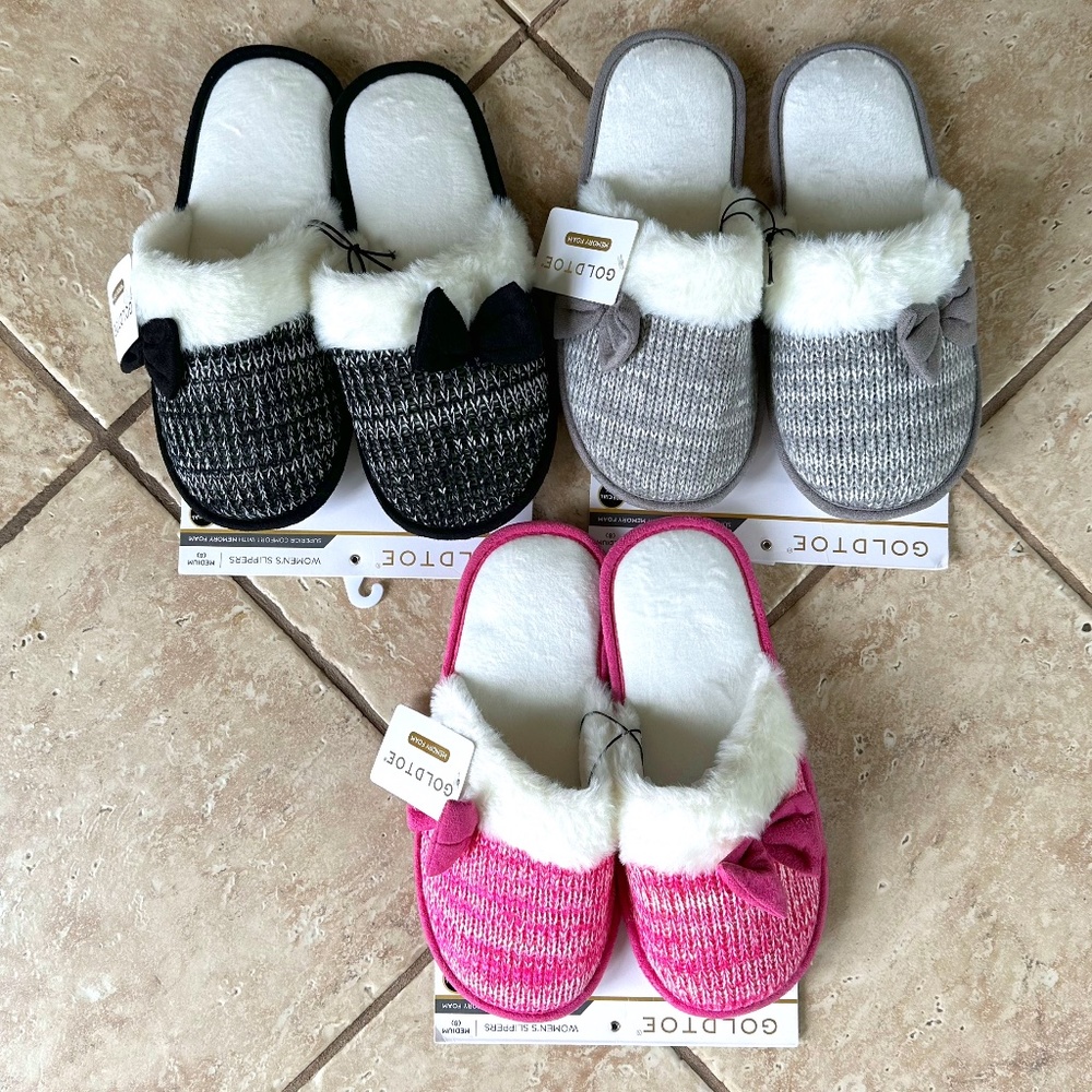 GOLD TOE WOMEN'S SLIPPERS MARLED SHERPA WITH BOW:NWT BLUSH PINK, GREY, or BLACK
